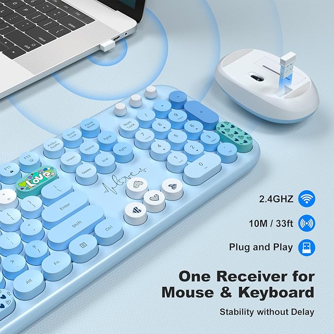 KNOWSQT Wireless Keyboard and Mouse Combo - Lovely Blue Rainbow 2.4G Full-Sized Colorful Keyboards, Round Keycap USB Dongle Plug Play Cute Keyboards for Windows, Laptop, PC, Desktop, Mac