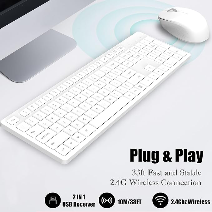 LeadsaiL White Wireless Keyboard and Mouse Combo, Full-Sized Ergonomic Computer Keyboard, 2.4GHz USB Cordless Keyboard Silent Mouse Set, 12 FN Shortcuts for Windows MacOS Laptop Computer