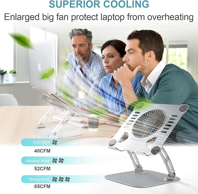 SHUWEI Laptop Cooling Stand with 3 Speed Fan, Adjustable Height Laptop Stand for Desk, Ergonimic Aluminum Laptop Cooling Pad for 10-15'' Notebook - Black