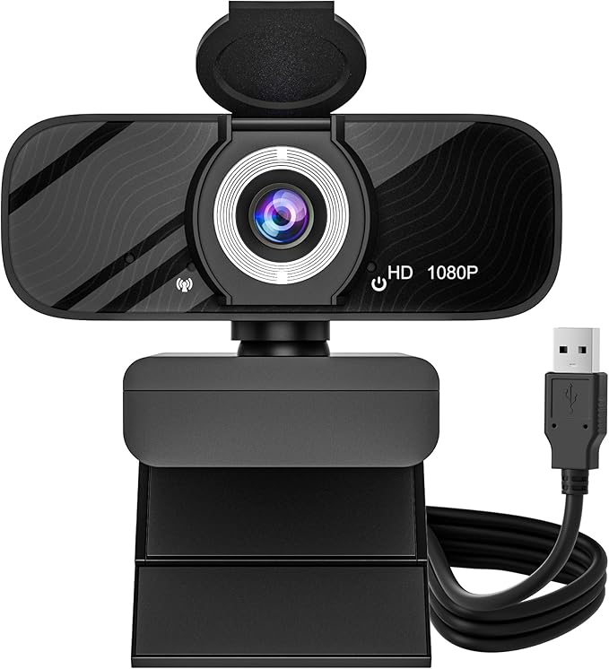 USB HD Webcam with Built-in Microphone and Rotatable Tripod, 1080P Video, Wide Angle Camera, Privacy Cover, for Desktop PC or Laptop Computer（Black）