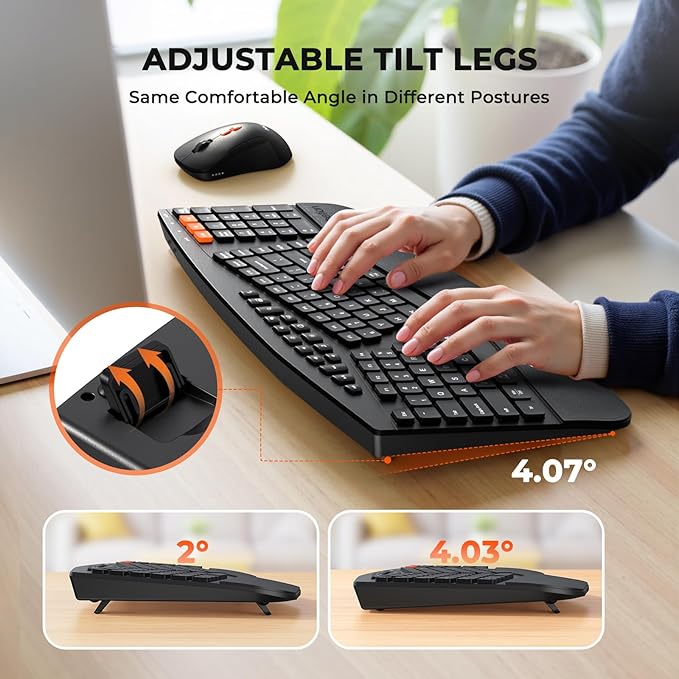 MEETION Ergonomic Keyboard and Mouse, Multi-Device Bluetooth Keyboard and Mouse Wireless, 4 DPI Adjustable Mouse, Full-Sized Split Keyboard, for PC/Computer/Laptop/Tablet/Window/Mac (2025 Upgrade)