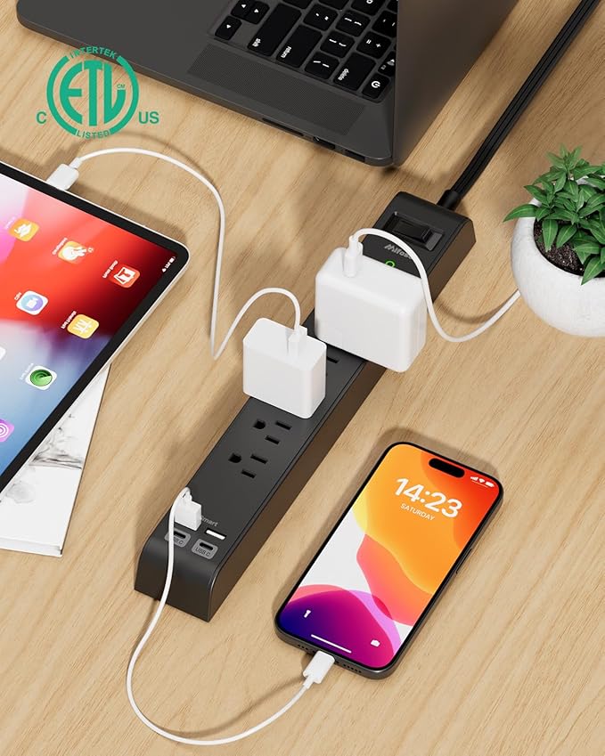 2 Pack Surge Protector Power Strip with 6 Outlets 4 USB Ports (2 USB C) 25-Foot Extension Cord Flat Plug 900 Joules 15A Circuit Breaker Wall Mount Desk USB Charging Station for Home Office