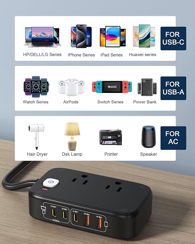 7-in-1 USB Power Strip, 85W Charging Station 5FT Extension Cord with Multiple Outlets with 3 USB-C, 2 USB-A Ports and 2500W AC Outlet for Home/Office/College/Travel (Black)