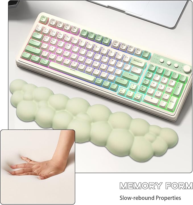 Ergonomic Memory Foam Cloud Keyboard Wrist Rest - Green Support for Laptop, Mac & PC, Non-Slip Silicone Base, Soft Wrist Pad for Gaming, Office, Carpal Tunnel Relief, for 60% 75% 80% 87 Key Keyboards