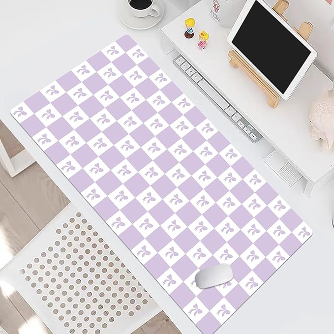 HVEST Purple Checkered Mouse Pad Cute Bow Desk Mat XXL Large Gaming Mouse Pad for Computer Keyboard Laptop, Mousepad with Stitched Edges, Home Office Desk Accessories for Girl Women 31.5'' x 15.7''