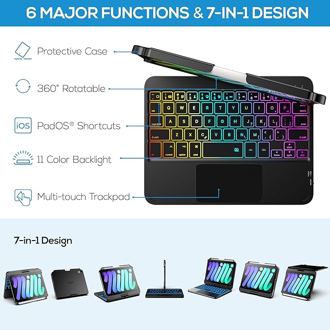 typecase Keyboard Case for iPad mini 7 (2024) & mini 6 (2021) - Wireless Case with Keyboard for iPad mini 7th 6th Generation 8.3" - 11 Colors Backlit Keyboard Cover with Trackpad - Black