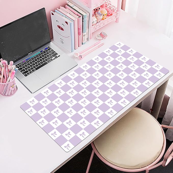 HVEST Purple Checkered Mouse Pad Cute Bow Desk Mat XXL Large Gaming Mouse Pad for Computer Keyboard Laptop, Mousepad with Stitched Edges, Home Office Desk Accessories for Girl Women 31.5'' x 15.7''