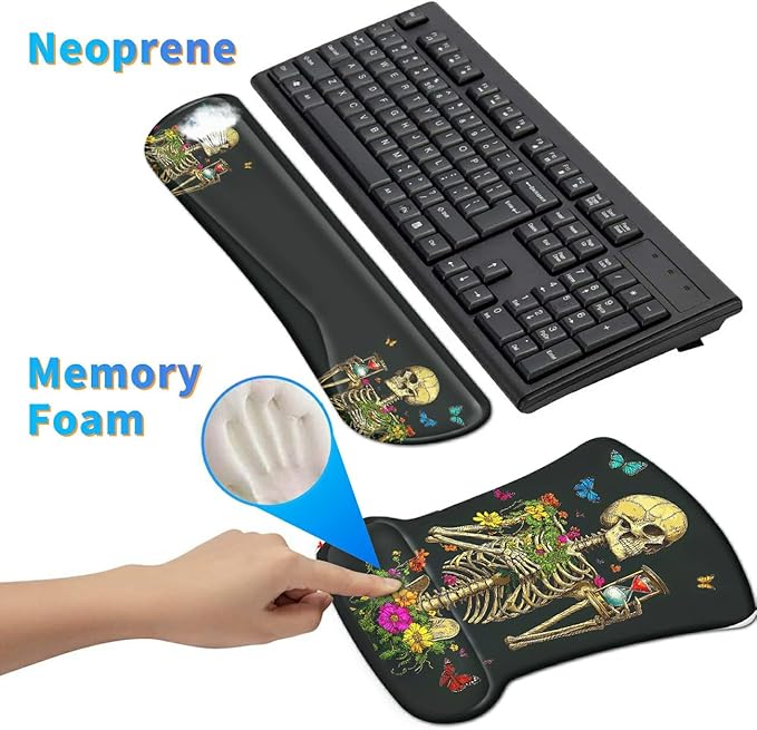 Ergonomic Mouse Pad with Wrist Support Gel Mousepads and Upgrade Keyboard Wrist Rest Pad Set, Coasters Non-Slip PU Base Mouse Mat for Office Gaming Computer Laptop, Flower Butterfly Skull