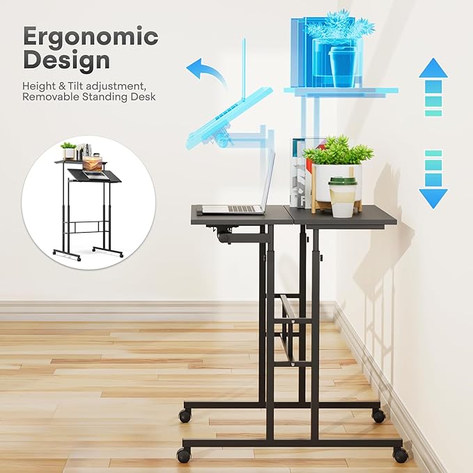 Athena Collection Height Adjustable Rolling Desk Mobile Portable Laptop Stand Cart Small Sit Standing Desk Computer Table Workstation for Home Office, Black