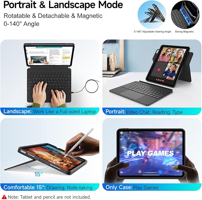 for iPad Air 13 inch M3 / M2 and iPad Pro 13 inch M4 and iPad Pro 12.9 (6th, 5th, 4th, 3rd Gen) 360° Rotatable Detachable Full Protect Magnetic Keyboard Case with Trackpad & 7 Backlits,Black