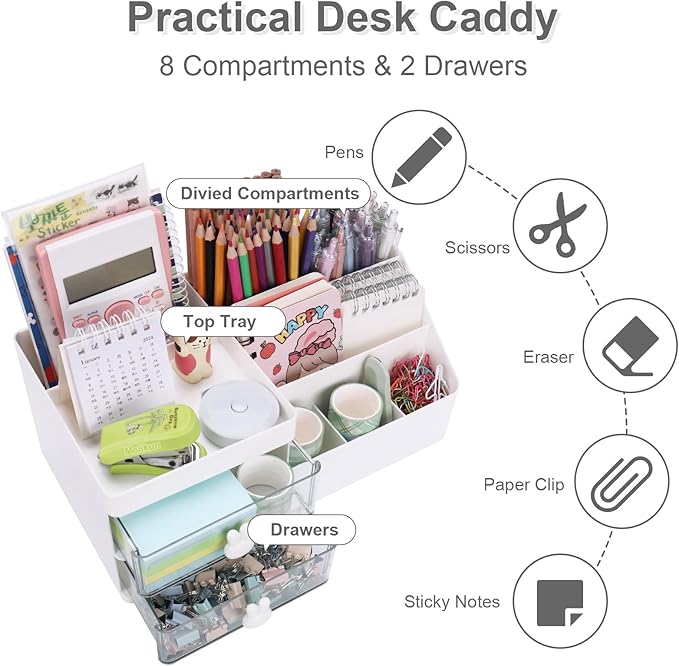 Desk Organizer, Makeup Organizer with 2 Drawer, 7 Compartment & a Top Tray, Desktop Organizers and Storage for Women, Cute Home organization Bathroom, 11" x 5.7" x 4.7" (White)