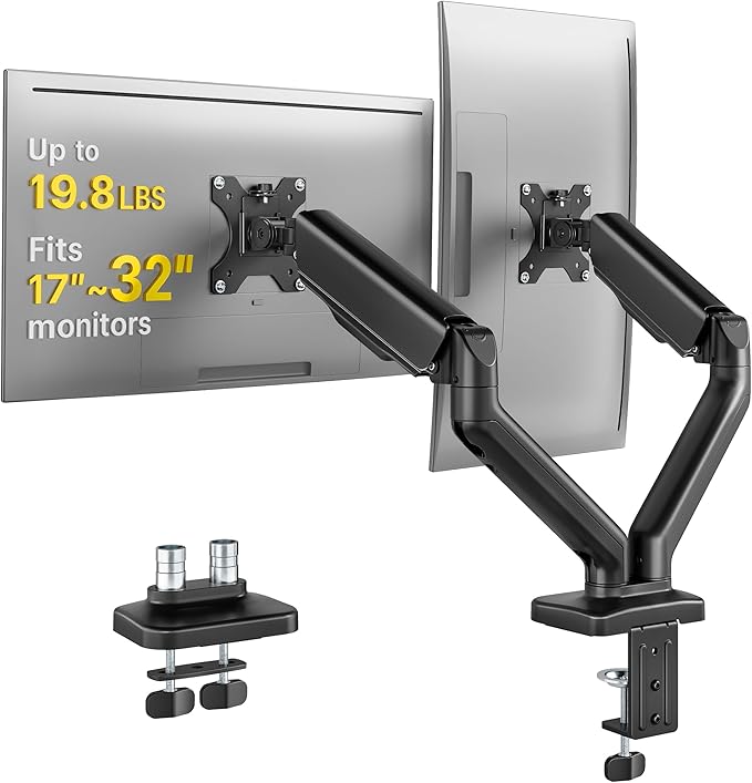 monTEK Dual Monitor Mount Fits 17-32 Inch Screens Holds 19.8lbs, Fully Adjustable Dual Monitor Arm, with Clamp/Grommet, Cable Management, Quick Release Plate, VESA 75/100mm