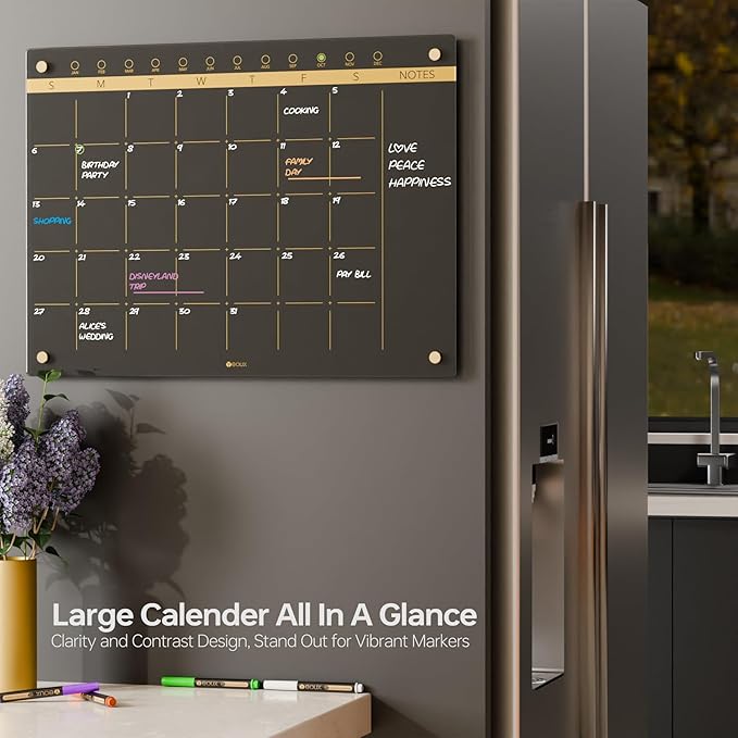 Black Glass Golden Monthly Dry Erase Calendar Whiteboard for Wall, 17" x 23", Frameless Large Planner White Board for Home Kitchen Office, 4 Wet Erase Markers Included, Yeoux