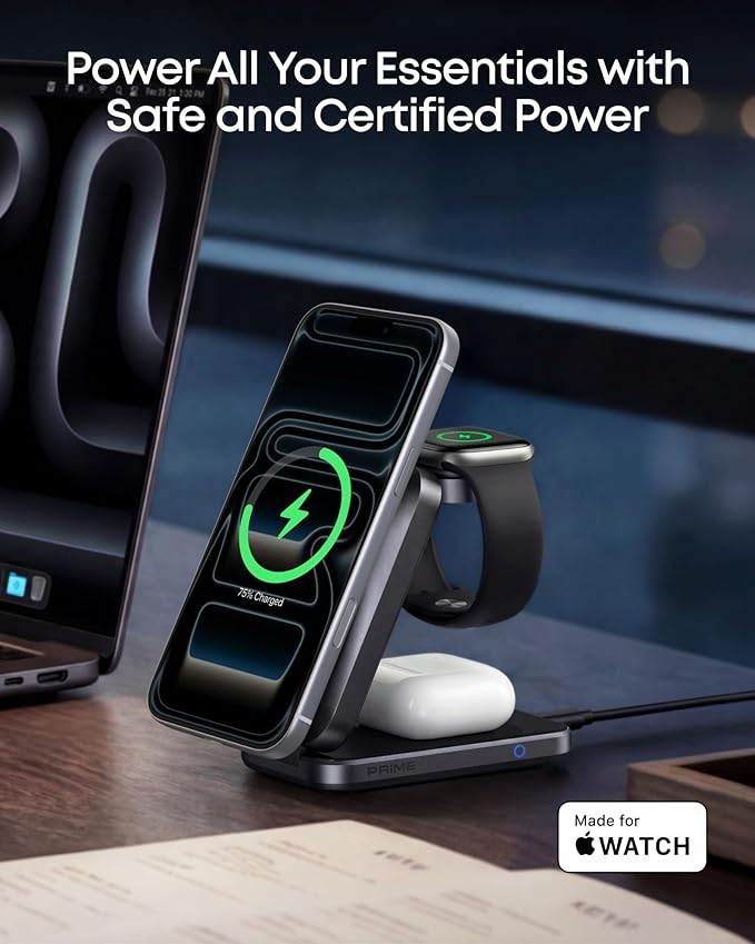 Anker Prime 3-in-1 Wireless Charging Station, MagSafe Charger Stand Compatible, Qi2 25W Certified Palm-Sized Foldable Charger for iPhone 17/16, Apple Watch, AirPods (Non-Battery, Adapter Included)