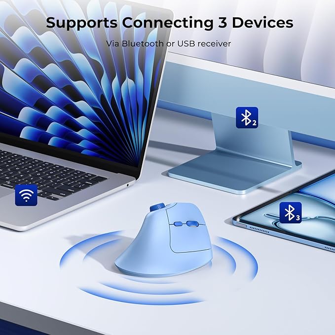 seenda Ergonomic Mouse Wireless, MOU-302 Bluetooth Vertical Mouse Rechargeable, Optical Mice with 1000/1600/2400 DPI, Volume Knob, 3 Multi-Device Connectivity for Computer/PC/Laptop/Mac, Blue