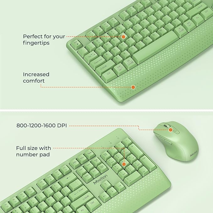 MEETION Wireless Keyboard and Mouse, Full-Sized Cordless Keyboard with Wrist Rest and 3 DPI Adjustable Mouse, 2.4G Wireless, Compatible with PC/Computer/Laptop/Windows/Mac, Green