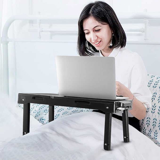 Moclever Laptop Bed Stand – Adjustable Laptop Table with Cooling Fan, Foldable Laptop Desk with USB Hub, LED Light & Storage – Multi-Functional Computer Tray for Bed, Sofa, Home, and Office