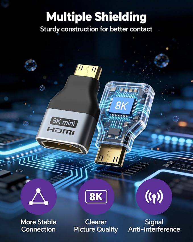 VCE Mini HDMI to HDMI Adapter, 8K@60Hz/4K@120Hz UHD Converter with Gold-Plated Connectors and Alloy Housing 48Gbps HDMI 2.1 for Camera, Tablet, Laptop to TV, Monitor, Projector