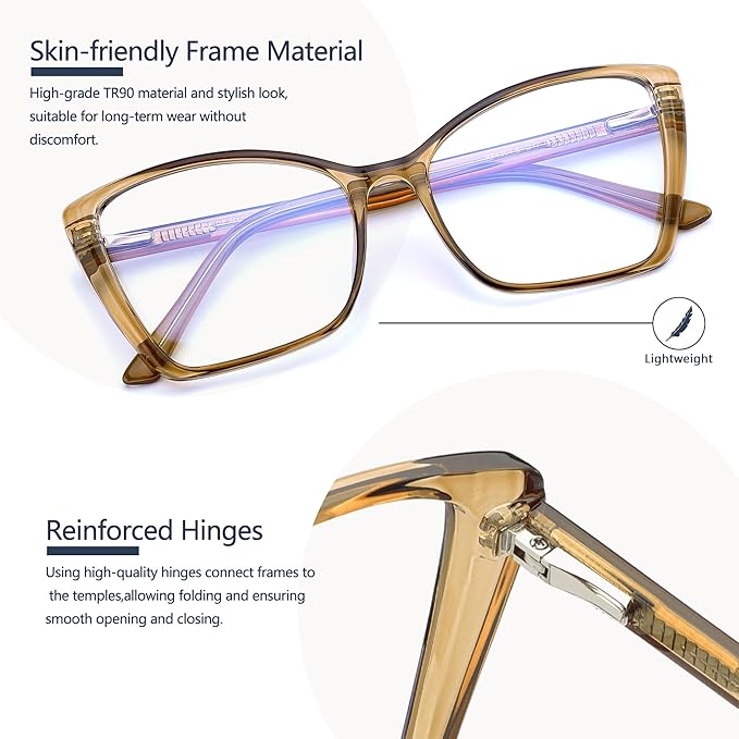 Blue Light Blocking Glasses for Women, Oversized Trendy Cat Eye Computer Gaming Glasses Anti Glare & UV Glare RF6204 (Coffee Brown Cateye Frame)
