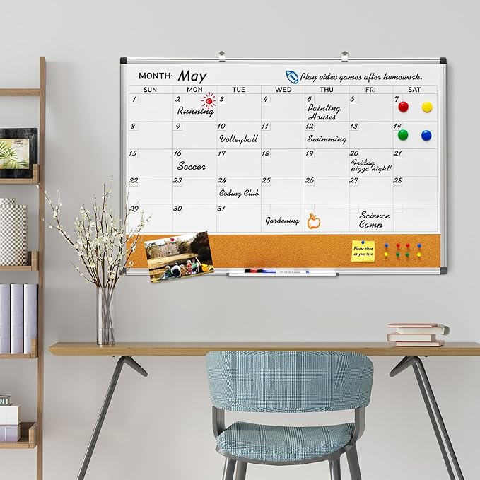 Comix Dry Erase Calendar Whiteboard Corkboard Combo, 36 * 24 inch Monthly Calendar and Bulletin Board Combination for wall, Aluminum Frame Planner with Dry Erase Markers, Magnets, Push Pins
