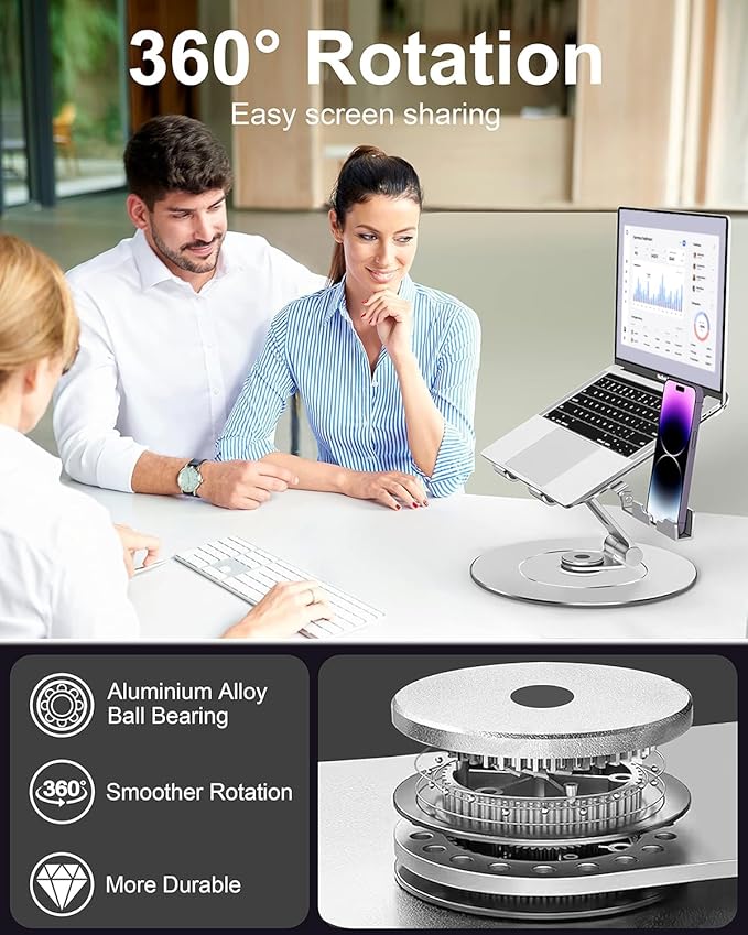 Laptop Stand with Phone Holder, Adjustable Laptop Stand, Aluminum Computer Mount Holder, Ergonomics Laptop Riser for Desk, Printer Stand Fits MacBook, up to 17.3" All Notebooks Silver