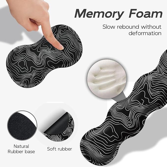 Gaming Mouse Pad Set, Map Lines Vector Large Desk Mat Mousepad, Keyboard Wrist Support, Mouse Wrist Rest, Coaster 4in1 Ergonomic Memory Foam, Non-Slip Stitched Edge for Home Office
