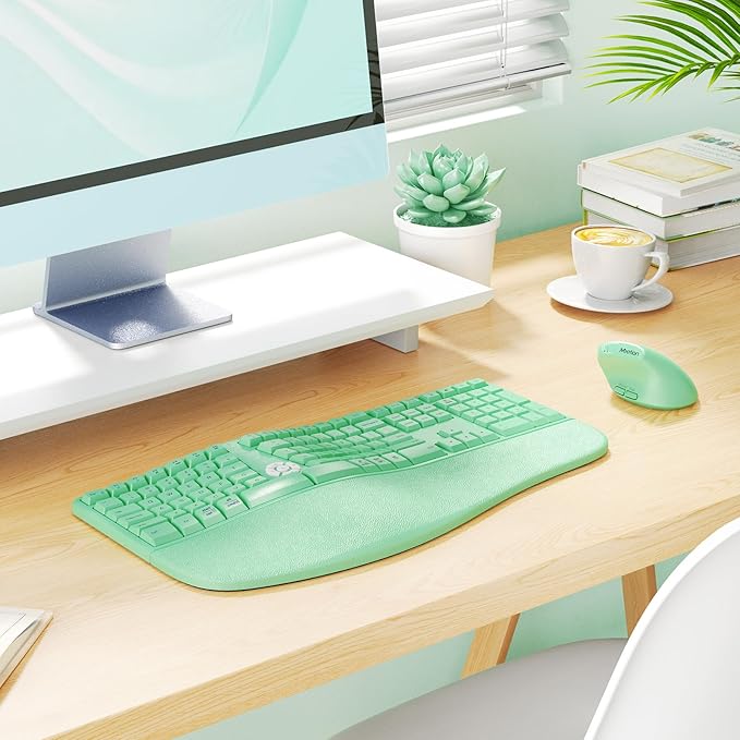 MEETION Ergonomic Keyboard and Mouse, Ergo Wireless Keyboard with Vertical Mouse, Split Curved Keyboard with Wrist Rest, Full Size Natural Typing, Windows/Mac/Computer/Laptop, Green