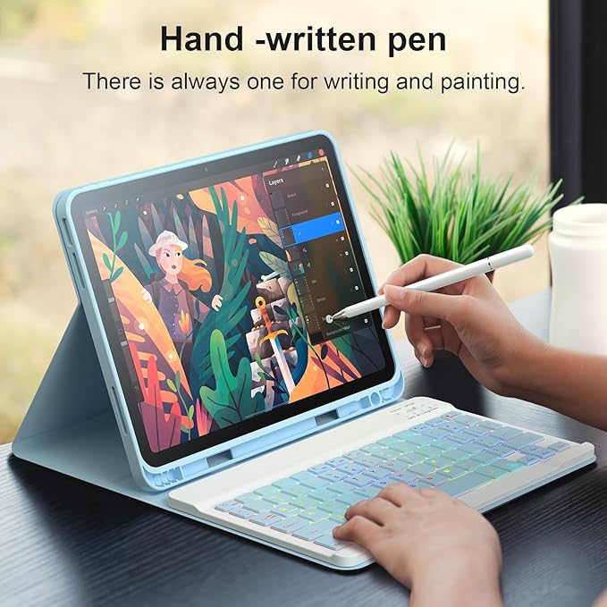 iPad 11th 10th Generation Case with Keyboard 10.9 Inch 2022 Detachable Wireless 7Colors Backlight Keyboard Case with Pencil Holder for and Magnetic Disc Universal Stylus Pen