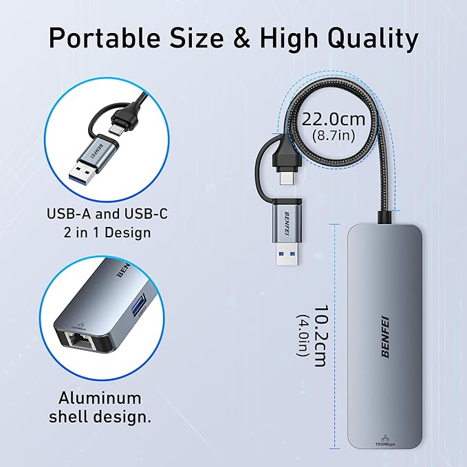 BENFEI USB-C to Gigabit Ethernet Adapter with 3-Port USB 3.0 Hub, RJ45 Network Adapter Compatible with MacBook Pro/Air, iPad Pro, iMac, Galaxy S23, XPS 17, Surface Book 3
