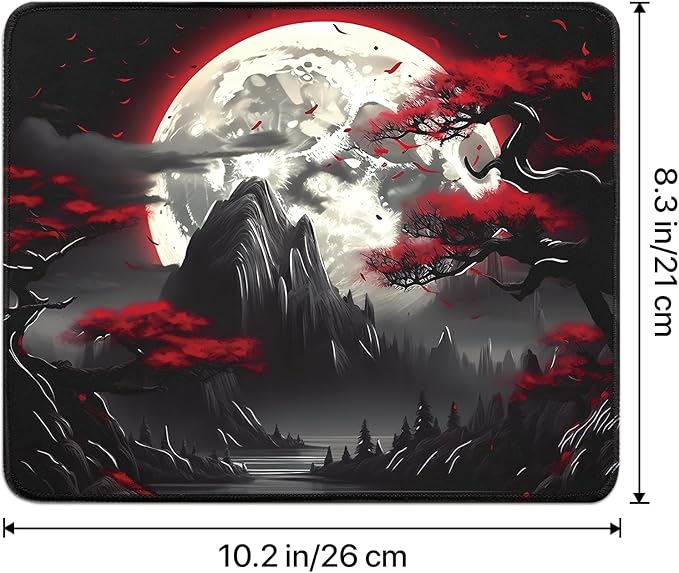 Small Gaming Mouse Pad, Anime Black Mousepad with with Non-Slip Base, Expanded Cool Desk Mat, Mountain Moon Scenery Keyboard Mat Suitable for Home Office,10.2 X 8.3 Inch