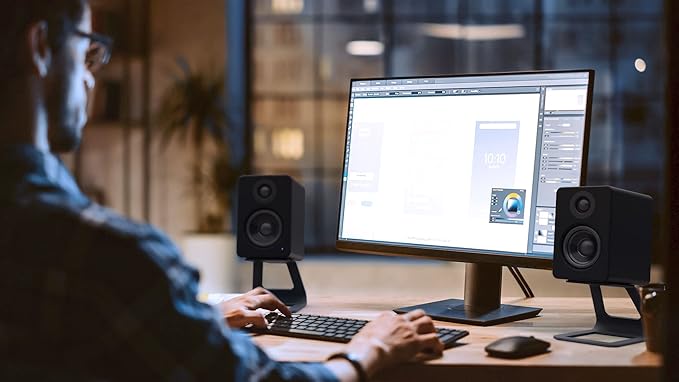 Kanto YU2MB PC Gaming Desktop Speakers | 3" Composite Drivers | 3/4" Silk Dome Tweeter | Class D Amplifier | 100 Watts | Built-in USB DAC | Subwoofer Output | Pair | Matte Black