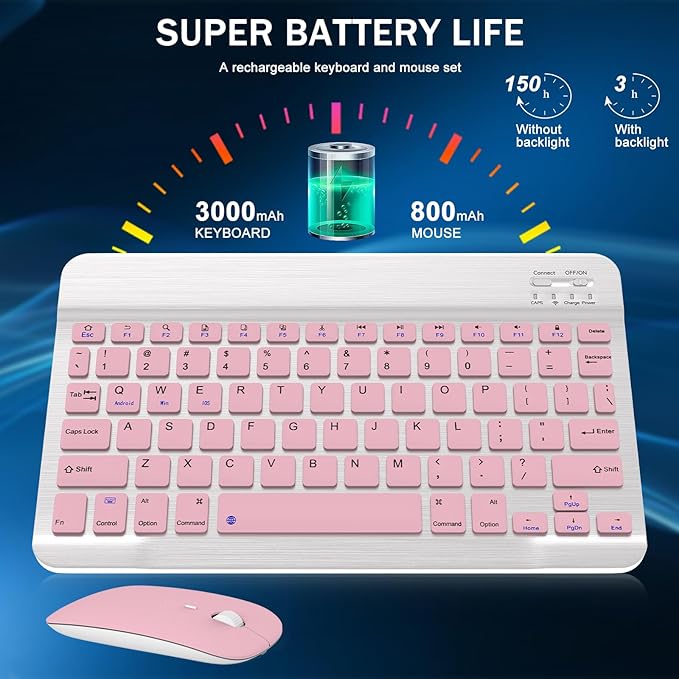 Rechargeable Bluetooth Keyboard and Mouse Combo, Universal Ultra-Slim Wireless Keyboard Mouse Set for Android Windows iPad iPhone Samsung Tablet Portable Compact Keyboard Set (Pink)