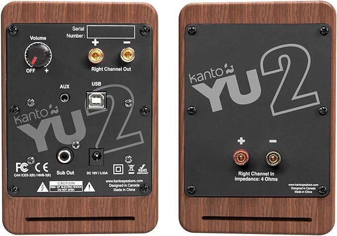 Kanto YU2 Powered Desktop Computer Speakers | 3" Drivers 3/4" Silk Dome Tweeter | 50 W RMS | Built-in USB DAC & AUX Input | Sub Out | Pair | Walnut
