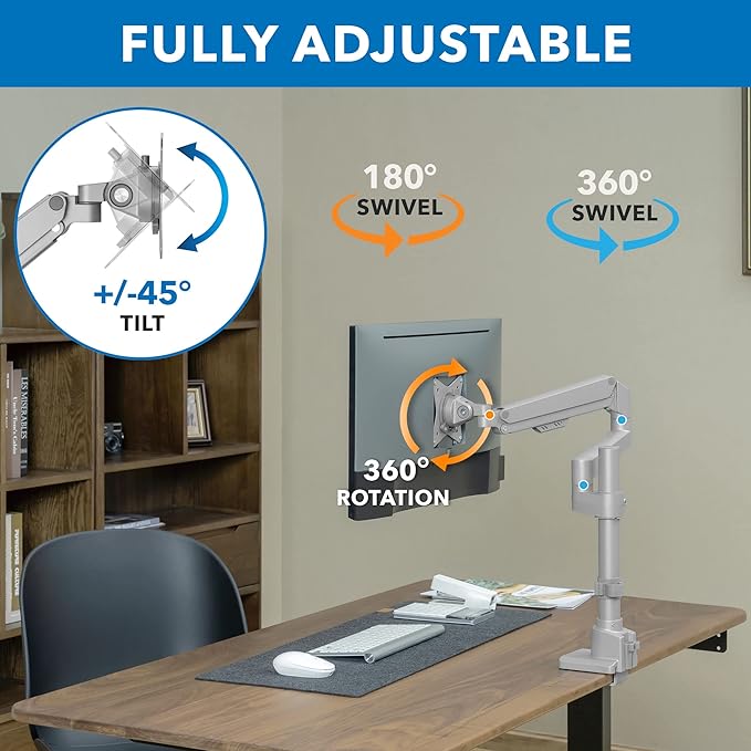 Mount-It! Single Monitor Desk Mount – Pole Mounted Gas Spring Arm, Full Motion Height Adjustable Monitor Stand with C-Clamp or Grommet Base, Fits 19–32 Inch Screens, Silver