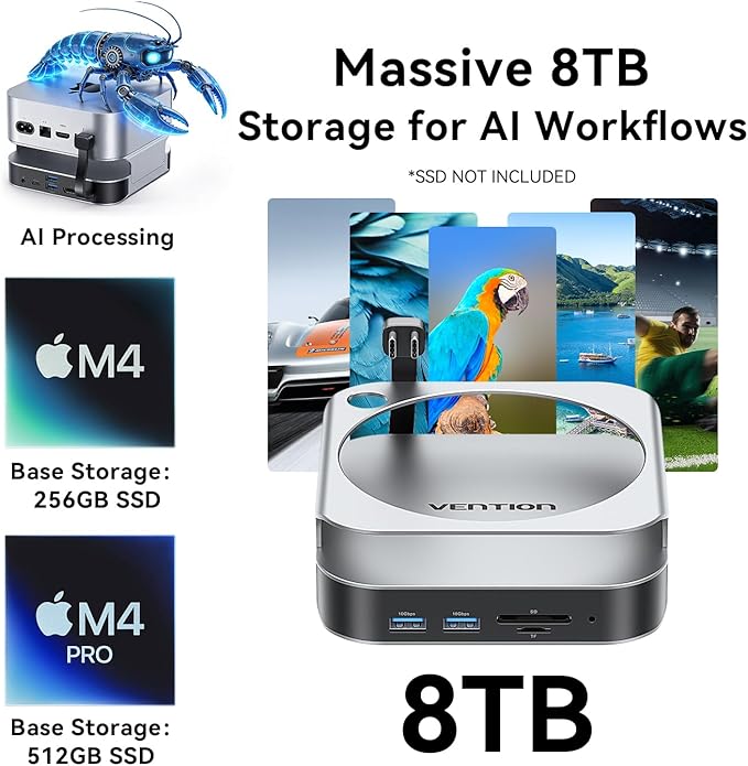 VENTION for Mac mini M4 Dock, 10 in 1 Aluminum Stand for M4/M4 Pro with M.2 NVMe SSD Enclosure, 4K@240HZ/144HZ USB A 3.2, 10Gbps Transfer, USB C Extender, SD/TF Reader, Silver