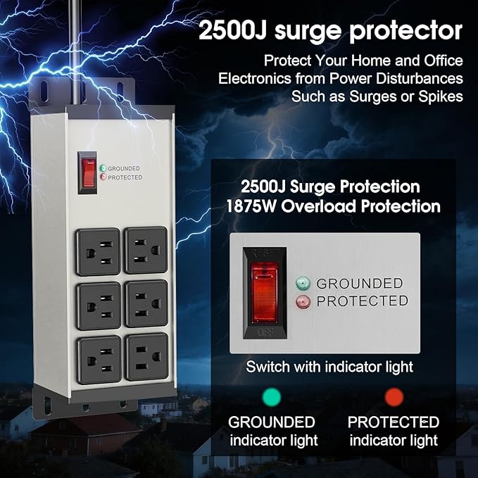 Heavy Duty Power Strip Surge Protector 2500J, 15A 1875W 6 Outlets Extension Cord 4FT 14AWG with Flat Plug, Metal Power Strip for Kitchen Appliances, Workshop, Garage & Office (Gray, 4FT)
