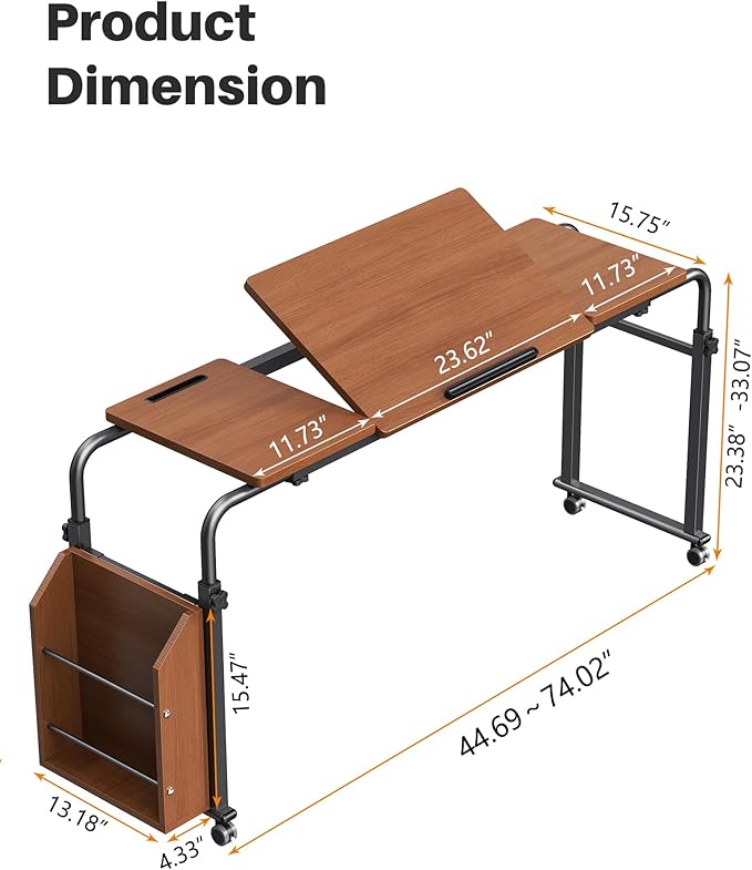 Laptop Desk for Bed,6-Angle Adjustable Overbed Table with Wheels,Adjustable Height and Length Bed Table for Laptop with Side Bookshelf,Standing Desk,Over Bed Desk for Working Hospital Home (Oaken)