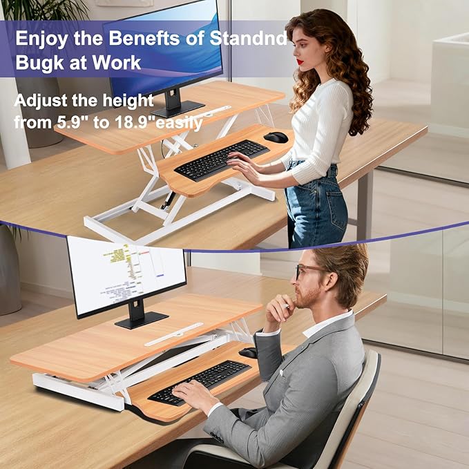 38-Inch Height Adjustable Standing Desk Converter, Duals Monitor & Laptop Riser with Wide Keyboard Tray, Sit to Stand Ergonomic Workstation for Home Office, School, Business, Log Color