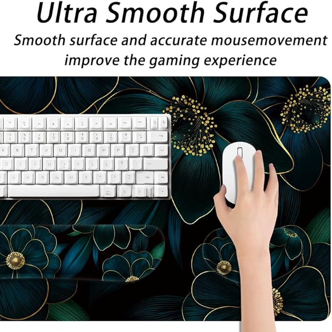 4 in 1 Large Keyboard Mouse Pad Set, Ergonomic Keyboard Wrist Rest Pad, Wrist Support Mousepad Set, Cup Coaster, Extended Desk Mat for Home Game Women Office Desk Decor (Linear Flowers)