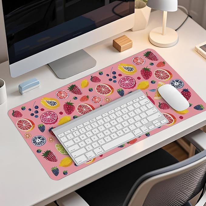 Colorful Cute Fruit Mouse Pad,Pink Cottagecore Strawberry Mouse Pads,Summer Orange Desk Mat for Home Office Dorm Desktop Decor,23.6x11.8 Inch