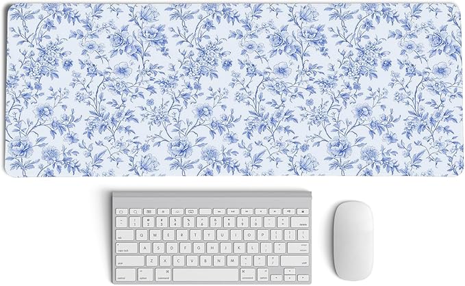 Light Blue Chinoiserie Mouse Pad,Vintage Blue and White Floral Desk Mat,XL Large Vintage Floral Preppy Mouse Pad,Girly Laptop Desk Mat for Dorm Home Office Decor,31.5x11.8 in