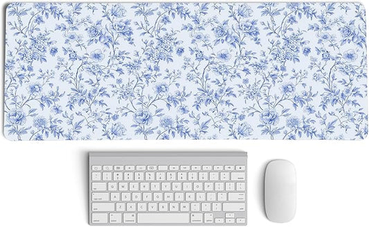 Light Blue Chinoiserie Mouse Pad,Vintage Blue and White Floral Desk Mat,XL Large Vintage Floral Preppy Mouse Pad,Girly Laptop Desk Mat for Dorm Home Office Decor,31.5x11.8 in