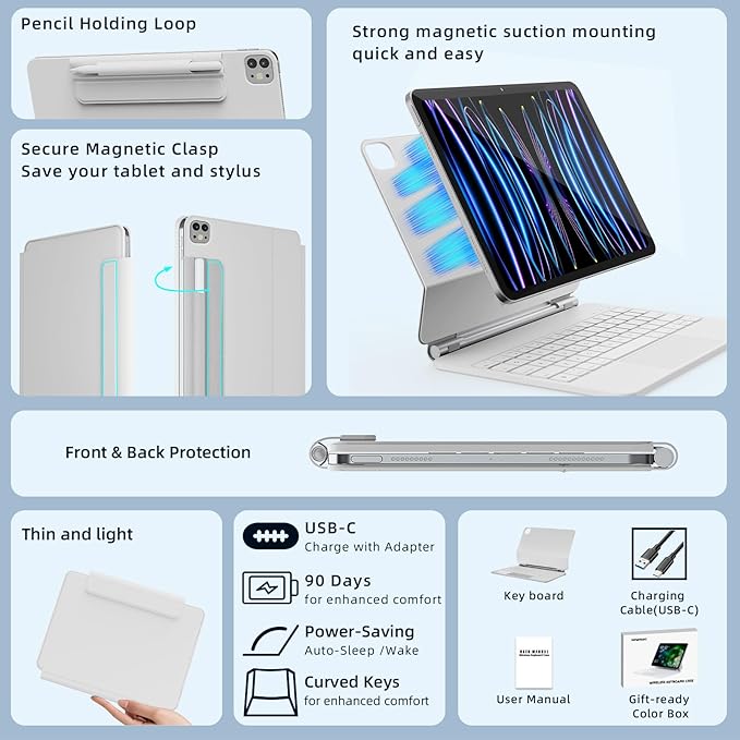 for iPad Air 11 inch Case with Keyboard (M4/M3/M2, 2026/2025/2024), iPad Pro 11 (4th/3rd/2nd/1st Gen) & Air 5/4th Magic Keyboard Case, 11 Colors Backlit, Multi-Touch Trackpad, White