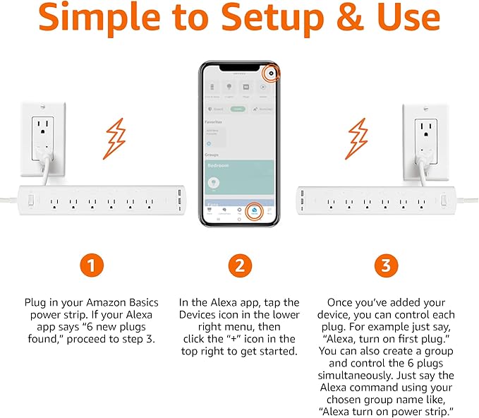Amazon Basics Smart Plug Power Strip with 6 Individually Controlled Outlets and 3 USB Ports (2 USB-A and 1 USB-C), WiFi, Works with Alexa Only, 2.4 GHz, No Hub Required, White
