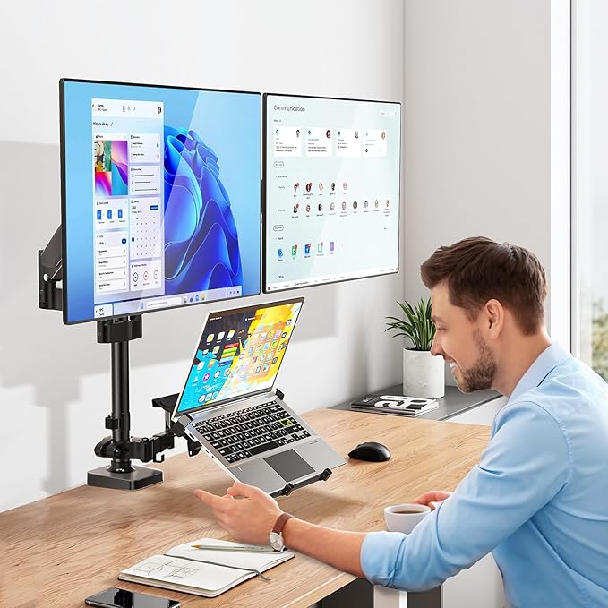 WALI Triple Arm Laptop and Dual Monitor Desk Mount for 17" Notebook and Up to 32" Screens, Adjustable Gas Spring Monitor Arms with Tilt Swivel Rotation, VESA 75x75 100x100, Black (GSDM003LP)