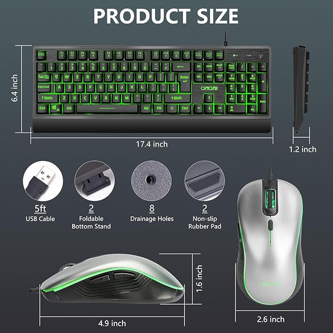 USB Wired Keyboard and Mouse Combo with Red-Yellow-Green LED, Silent Gaming Keyboard with 12 Mulitmedia Keys, Light Up Large Print for Elderly, Low Vision, RGB Backlit Mouse for PC Computer PS5 Laptop
