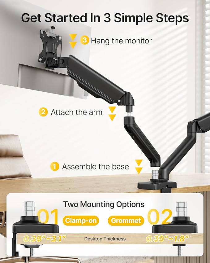 monTEK Dual Monitor Mount with USB Fits 17-32 Inch Screens Holds 19.8lbs, Fully Adjustable Dual Monitor Arm, with Clamp/Grommet, Cable Management, Quick Release Plate, VESA 75/100mm