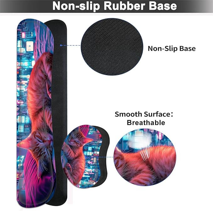 Large Mouse pad and Keyboard Support Set, Ergonomic Memory Foam Keyboard Wrist Rest, Extended Gaming Mouse Pad with Stitched Edges, Sleeping Cat XXL Desk Mat (31.5 X 11.8 in)
