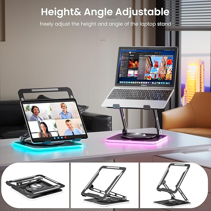 RGB Laptop Stand for Desk, Adjustable Ergonomic Laptop Riser with 360° Rotating Base, Foldable & Portable Computer Stand, Suitable for All 10-16” Laptops