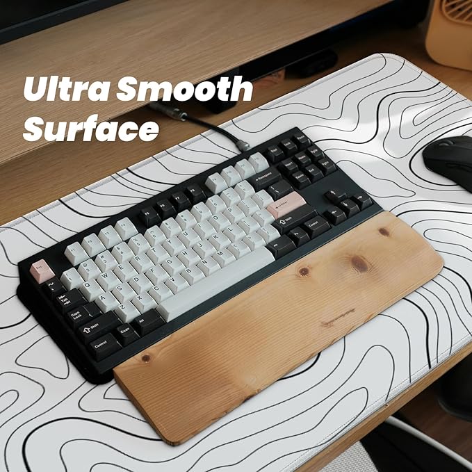 Large Computer Mouse Pad with Non-Slip Base for Desktop, Cute Gaming Mouse Mat with Stitched Edges, Long Extended Anime Mousepad for Laptop, 31.5 x 11.8 inches (White Topographic Map)